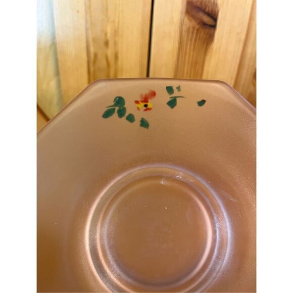 Vtg Pink Depression Frosted Glass Flower Hand Painted 2 Handle Dish 8.75” - Picture 3 of 8